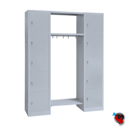 Stahl-Schließfach-Garderobe 10 Fächer stabile Stahlblechkonstruktion, links und rechts jeweils 5 Fächer, 1 Mittelteil mit Kleiderstange 800 mm breit,